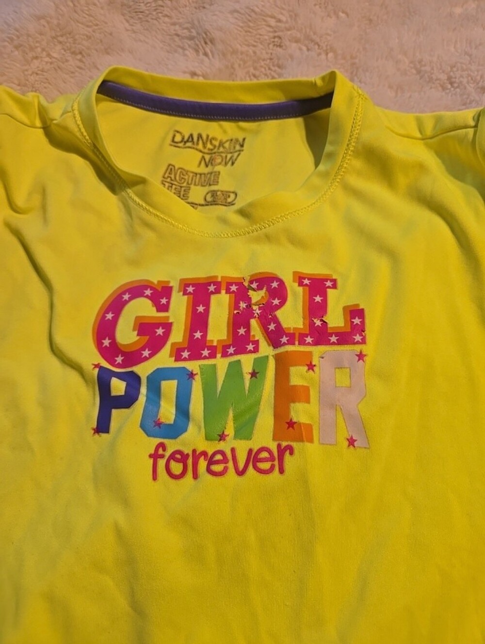 080726 Girl power forever Yellow Danskin Semi Fitted Shirt Medium kids Xl. Box 2
